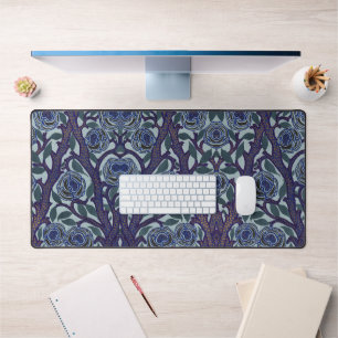 Royal Blue & Gold Art Deco Rose Floral Decor Desk Mat