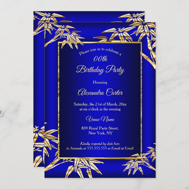 Royal Blue Gold Bamboo photo Birthday Party Invitation (Front/Back)