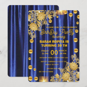 Royal Blue Gold Birthday Party Invitation, Womans  Invitation
