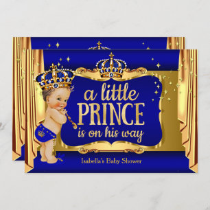 Royal Blue Gold Boy Prince Baby Shower Brunette Invitation