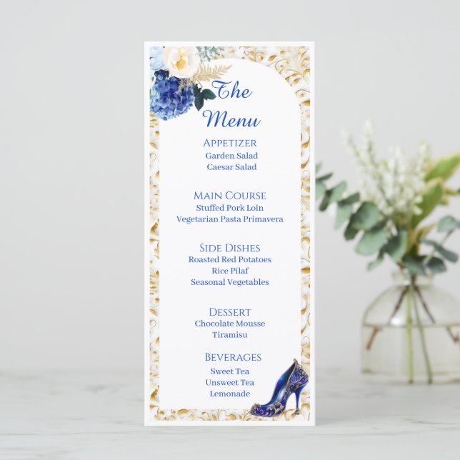 Royal Blue Gold Butterfly Dinner Menu Card  (Standing Front)