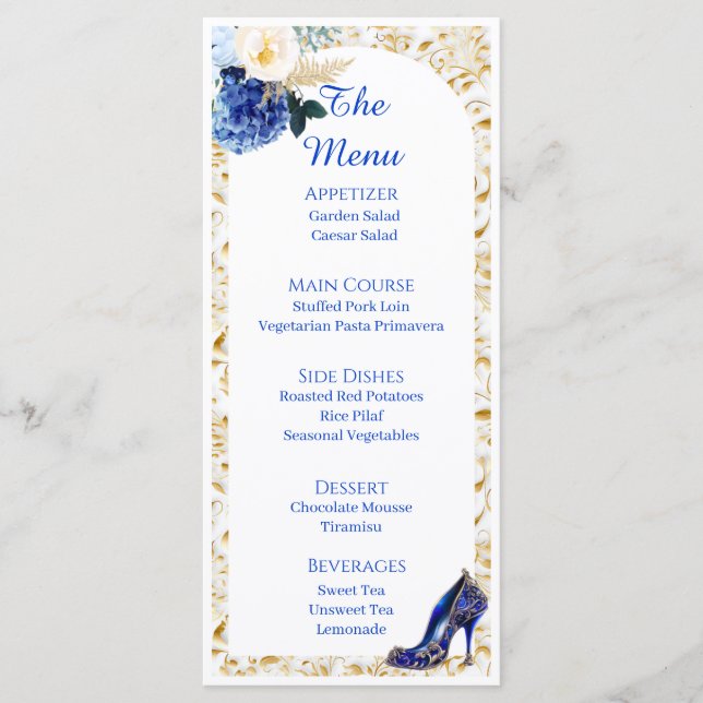 Royal Blue Gold Butterfly Dinner Menu Card  (Front)