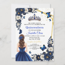 Royal Blue Gold Butterfly Quinceañera Invite