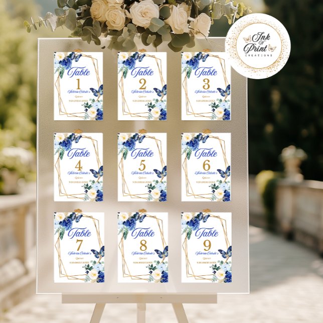 Royal Blue Gold Butterfly Quinceañera Table Number (Creator Uploaded)