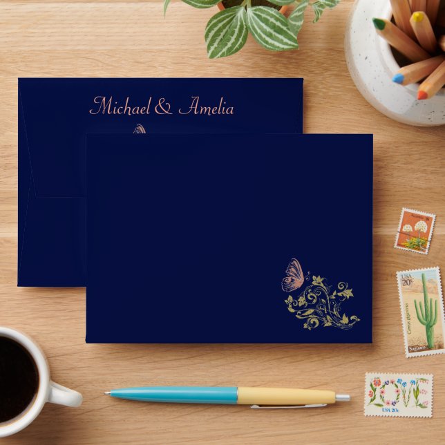 Royal Blue Gold Butterfly Wedding Card Envelope (Desk)