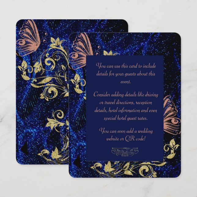 Royal Blue Gold Butterfly Wedding Enclosure Card (Front/Back)