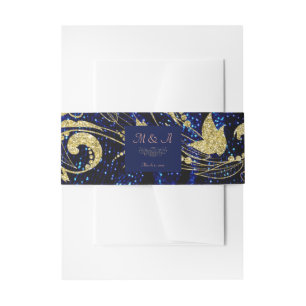 Royal Blue Gold Butterfly Wedding Invitation Belly Band