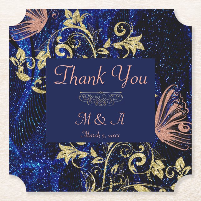 Royal Blue Gold Butterfly Wedding Paper Coaster (Front)