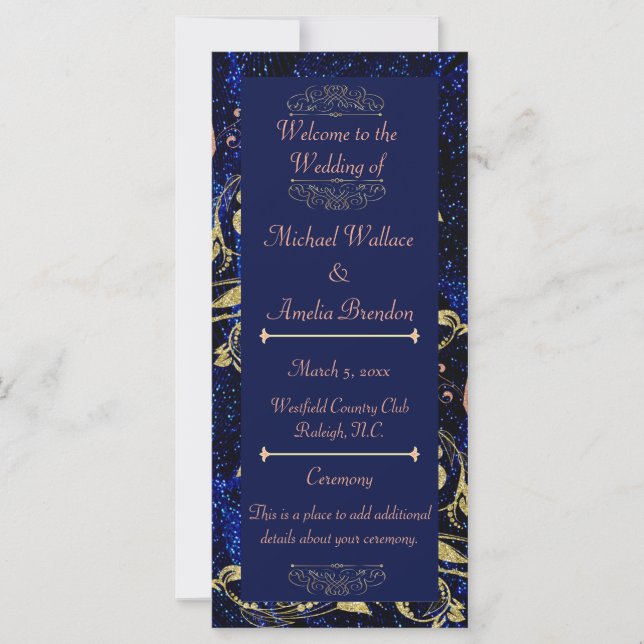Royal Blue Gold Butterfly Wedding Program (Front)