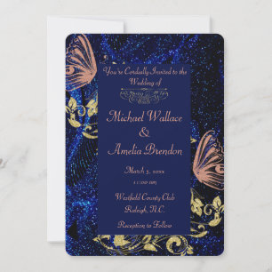 Royal Blue Gold Butterfly Wedding Round Invitation