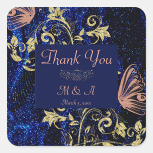 Royal Blue Gold Butterfly Wedding Square Sticker