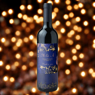 Royal Blue Gold Butterfly Wedding Wine Label