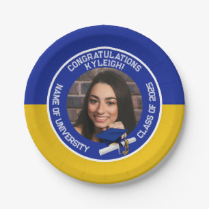 Royal Blue & Gold Cap & Diploma Photo Graduation Paper Plate