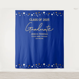 Royal Blue Gold Class of 2025 backdrop graduation Tapestry