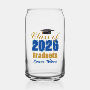 Royal Blue Gold Class of 2026 Graduation Party Can Glass
