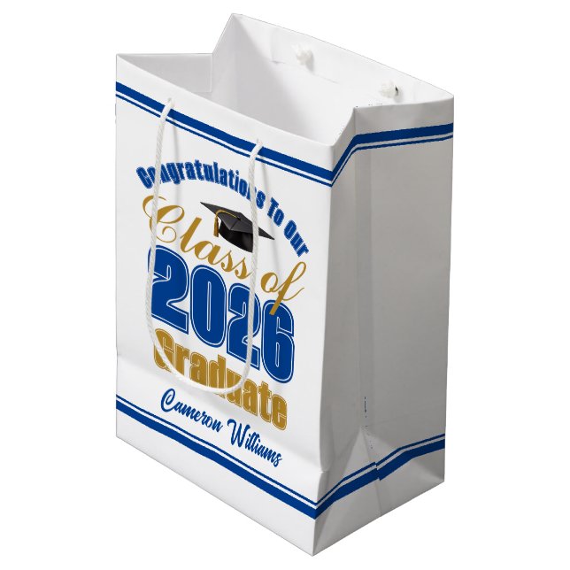 Royal Blue Gold Class of 2026 Graduation Party Medium Gift Bag (Front Angled)