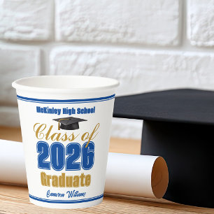 Royal Blue Gold Class of 2026 Graduation Party Paper Cups