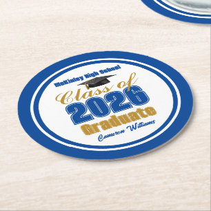 Royal Blue Gold Class of 2026 Graduation Party Round Paper Coaster
