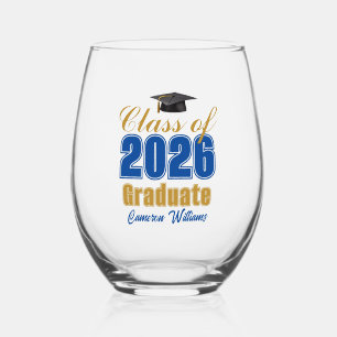 Royal Blue Gold Class of 2026 Graduation Party Stemless Wine Glass