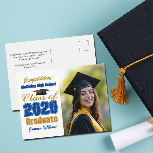 Royal Blue Gold Class of 2026 Photo Graduation Announcement Postcard