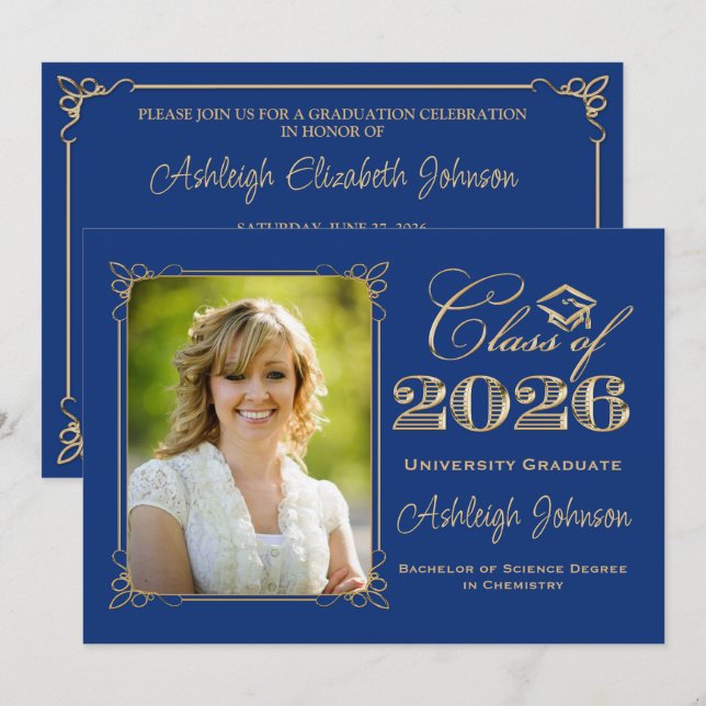 Royal Blue, Gold Class of 2026 Photo Graduation Invitation (Front/Back)