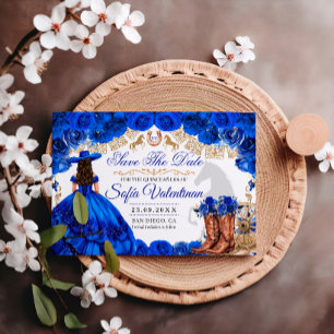 Royal Blue Gold Cowboy Quinceanera Save The Date