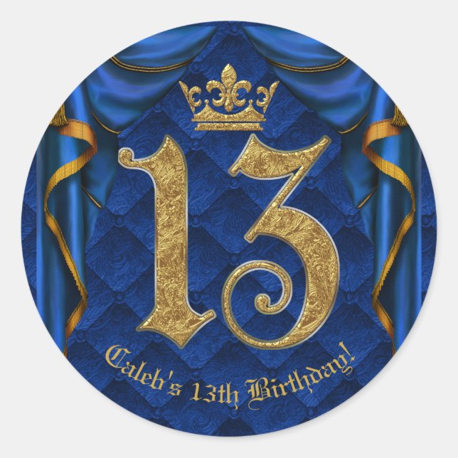 Royal Blue & Gold Crown 13 13th Birthday Party  Classic Round Sticker (Front)