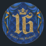Royal Blue & Gold Crown 16 16th Birthday Party  Classic Round Sticker<br><div class="desc">Customise with any text you want.</div>