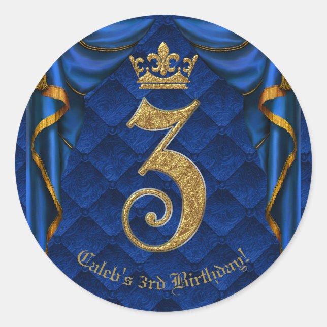 Royal Blue & Gold Crown 3 3RD Birthday Party   Classic Round Sticker (Front)