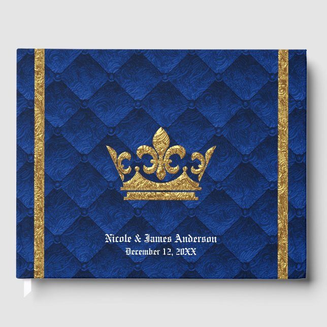 Royal Blue & Gold Crown Elegant Glamour Wedding Guest Book (Front)