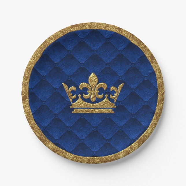 Royal Blue & Gold Crown Elegant Royal Storybook Paper Plate (Front)