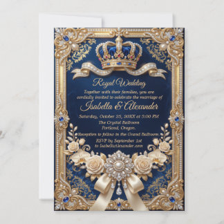 Royal Blue Gold Crown Pearl Elegant Luxury Invitation
