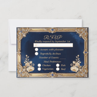 Royal Blue Gold Crown Pearl Elegant Luxury RSVP Card