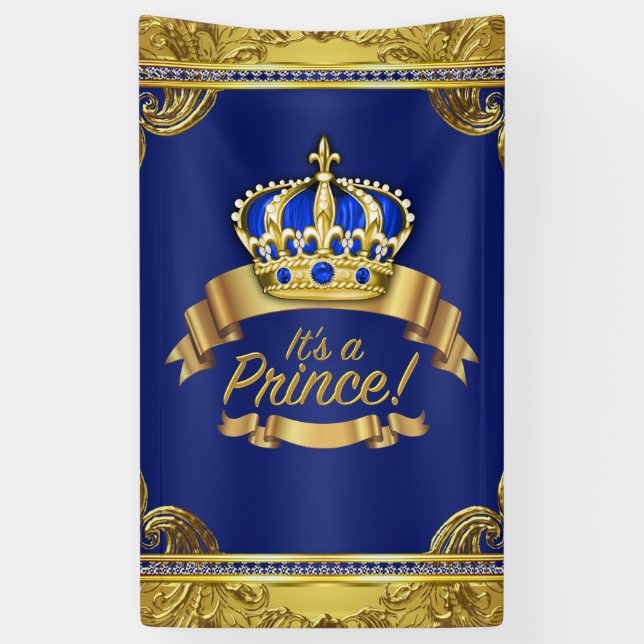 Royal Blue Gold Crown Prince Baby Shower Banner (Vertical)