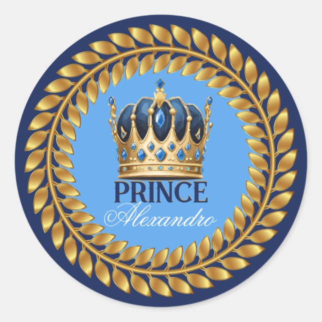 Royal Blue Gold Crown Prince Baby Shower/Birthday Classic Round Sticker (Front)