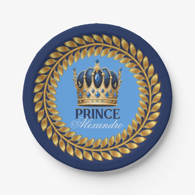 Royal Blue Gold Crown Prince Baby Shower/Birthday Paper Plate (Front)