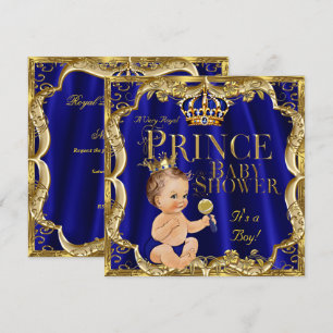 Royal Blue Gold Crown Prince Baby Shower Brunette Invitation