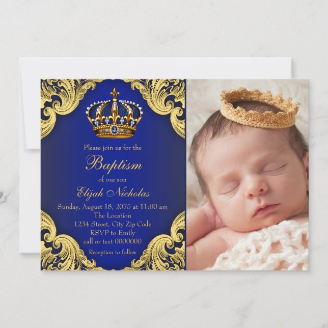 Royal Blue Gold Crown Prince Baptism Invitation (Front)