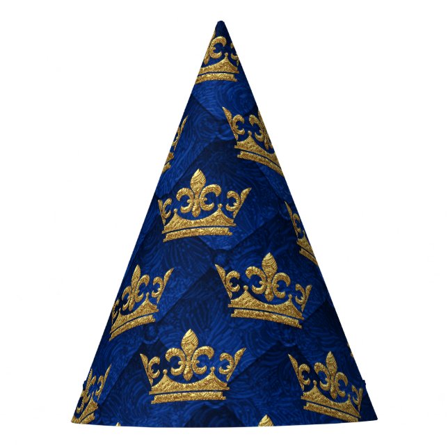 Royal Blue & Gold Crown Prince Birthday Party Hat (Front)