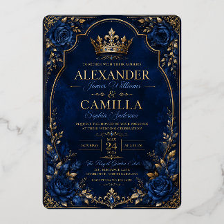 Royal Blue & Gold Crown Wedding Invitation | Blue