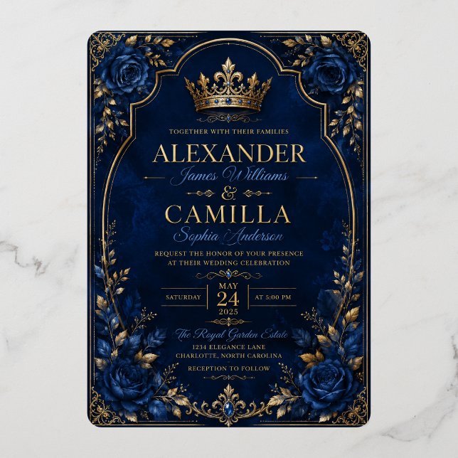 Royal Blue & Gold Crown Wedding Invitation | Blue  (Front)