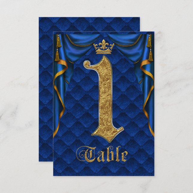 Royal Blue Gold Crown Wedding Table Number 1 (Front/Back)