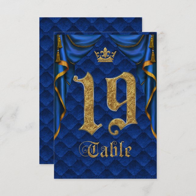 Royal Blue Gold Crown Wedding Table Number 19 (Front/Back)
