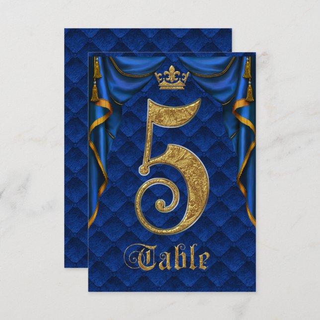 Royal Blue Gold Crown Wedding Table Number 5 (Front/Back)
