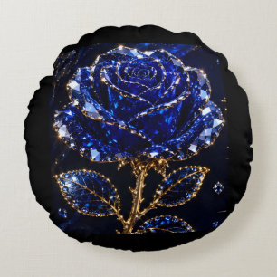 Royal Blue Gold Crystal Rose Round Cushion