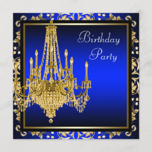 Royal Blue Gold Damask Chandelier Birthday Party Invitation