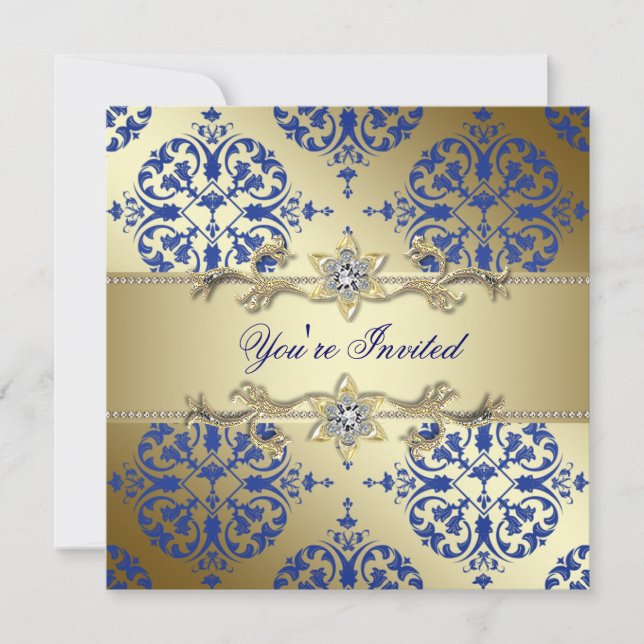 Royal Blue Gold Damask Party Invitations (Front)