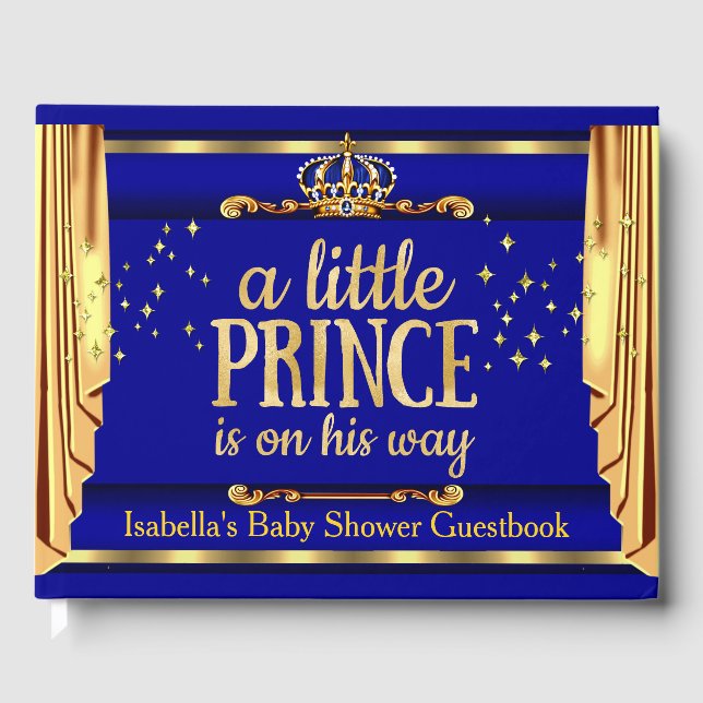 Royal Blue Gold Drapes Prince Baby Shower Guest Book (Front)