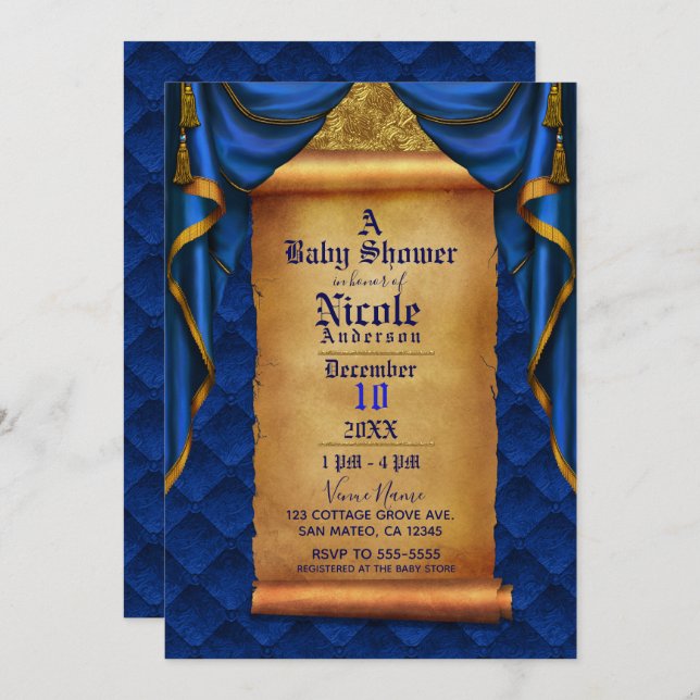 Royal Blue & Gold Drapes Scroll Baby Shower Invitation (Front/Back)