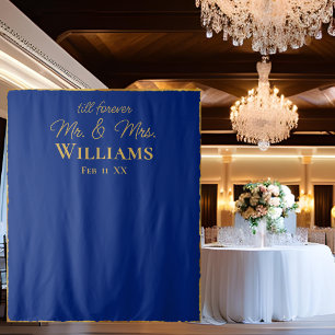 Royal Blue Gold Edge Mr Mrs Wedding Wall Backdrop Tapestry